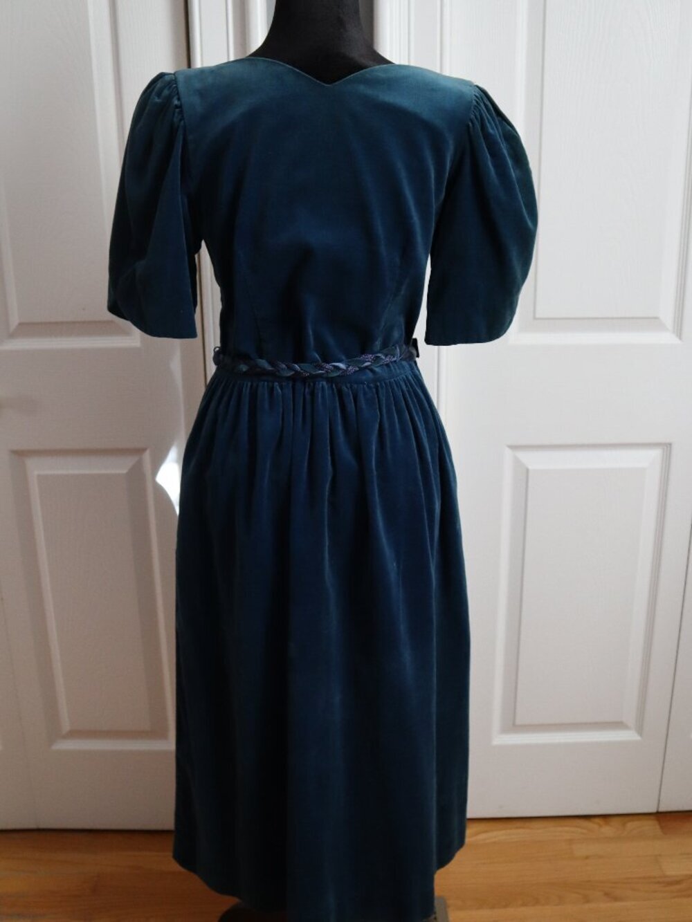 Vtg Lanz Originals Velvet Cocktail Dress Blue Sz 10 Woven Belt Puff Sleeves '80s